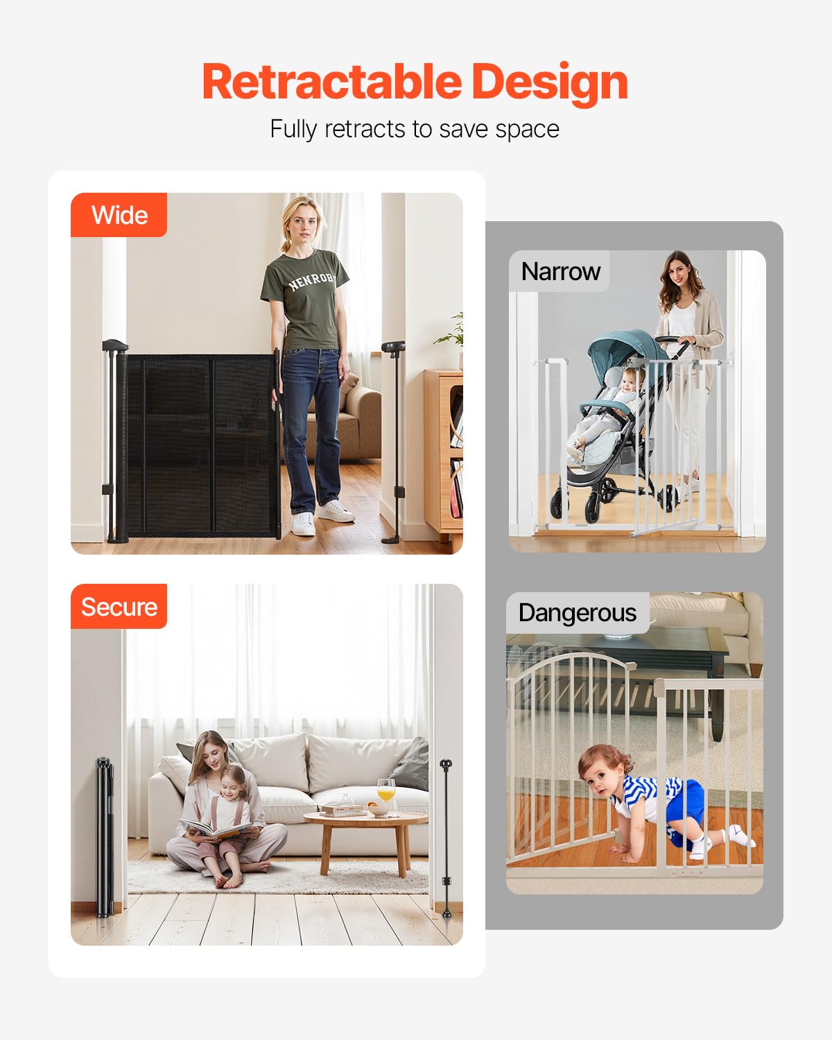 VEVOR Retractable Baby Gate, 34 inch Tall, Extends up to 71 inch Wide, Retractable Gate for Kids or Pets, Mesh Material, Easy to Install for Indoor Stairs, Doorways, Hallways, Playrooms, Black