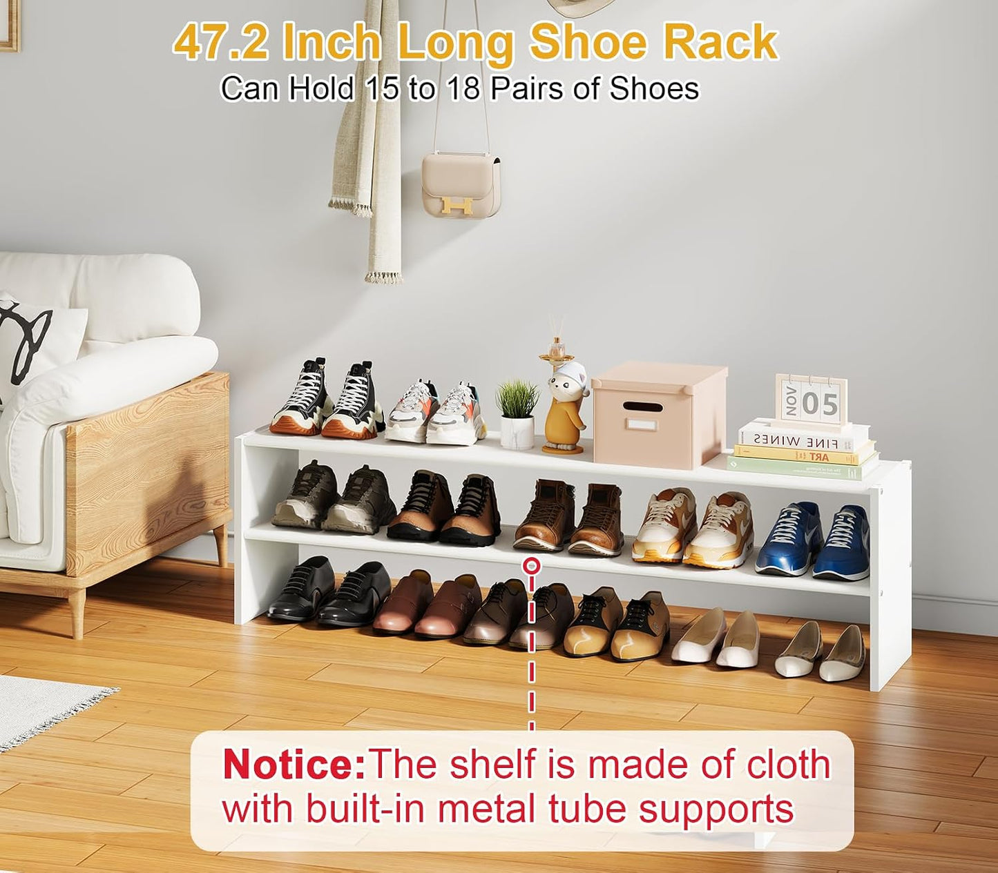 Cidaziya 2 Tier Small White Shoe Rack for Closet, Stackable Shoe Shelf Organizer for 9-12 Pairs of Shoes, Portable Wood and Cloth Structure, Small Shoe Storage Organizer, Size 28.5"* 11" * 13"