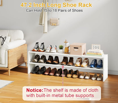 Cidaziya 2 Tier Small White Shoe Rack for Closet, Stackable Shoe Shelf Organizer for 9-12 Pairs of Shoes, Portable Wood and Cloth Structure, Small Shoe Storage Organizer, Size 28.5"* 11" * 13"