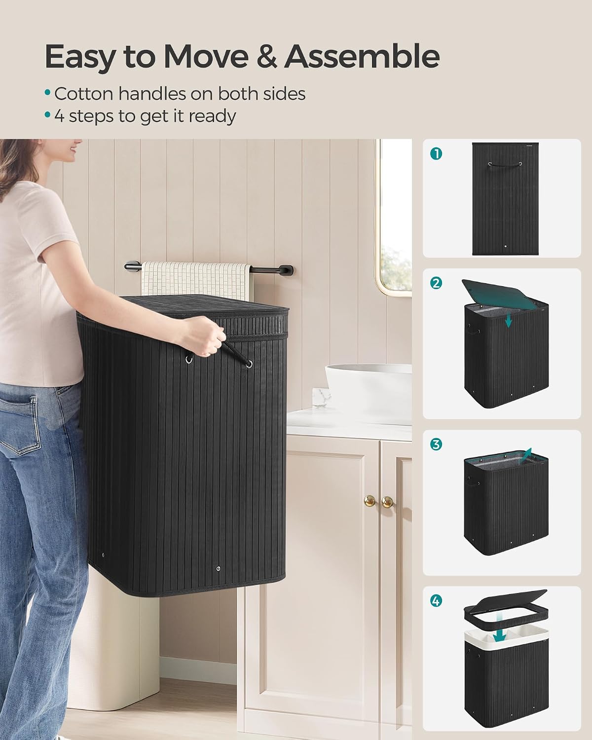 SONGMICS Laundry Hamper with Lid, Bamboo Launry Basket with Handles, Foldable Storage Basket for Laundry Room, Bedroom, 100L, Brown ULCB063K02