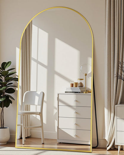 Full Length Mirror with Stand, 71"x28" Arched Full Body Large Stand Up Aluminum Frame Floor Standing Mirror, Freestanding Hanging Leaning Mounted for Bedroom Living Room Entryway Gold