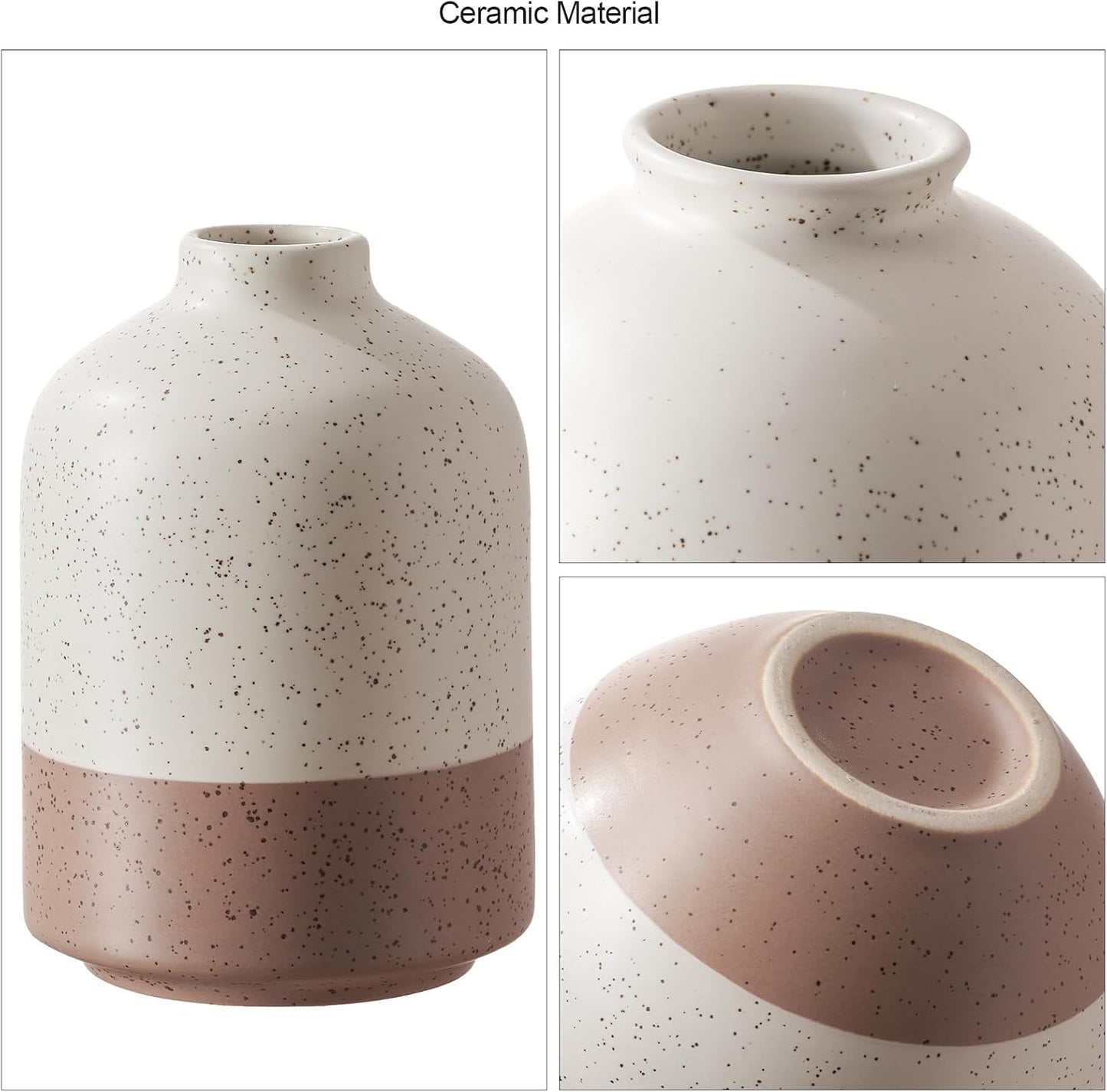 DN DECONATION Flower Vase Set of 3, Small Ceramic Vase Farmhouse Home Decor | Rustic Vases for Pampas Grass Dried Fresh Flowers, Living Room, Kitchen, Bedroom, Bathroom, Mantel Table Decor, Beige & Brown