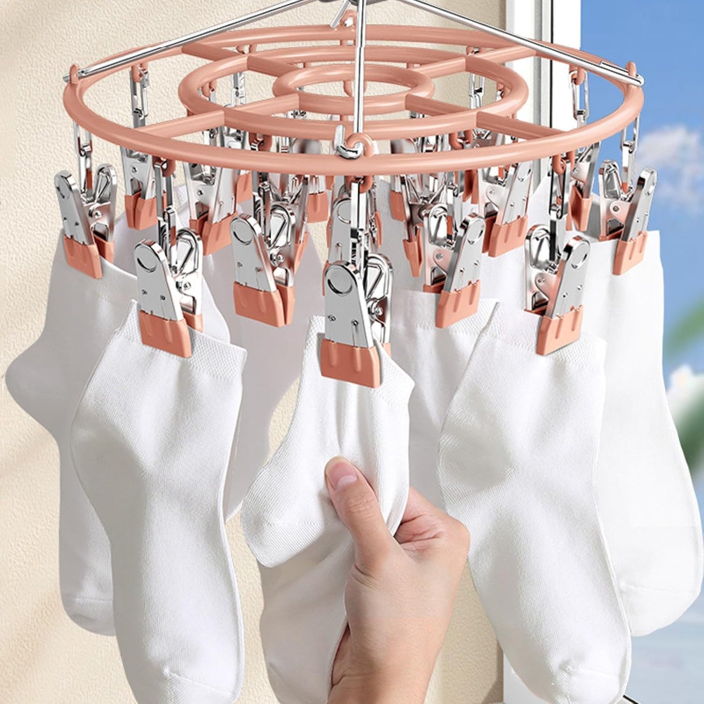 Drying Rack for Sock, Stainless Steel Sock Drying Rack with 24 Clips, Swivel Hook Windproof Hanger for Sock, Bras, Towel, Underwear, Laundry, Hat, Scarf, Pants, Gloves(Pink)