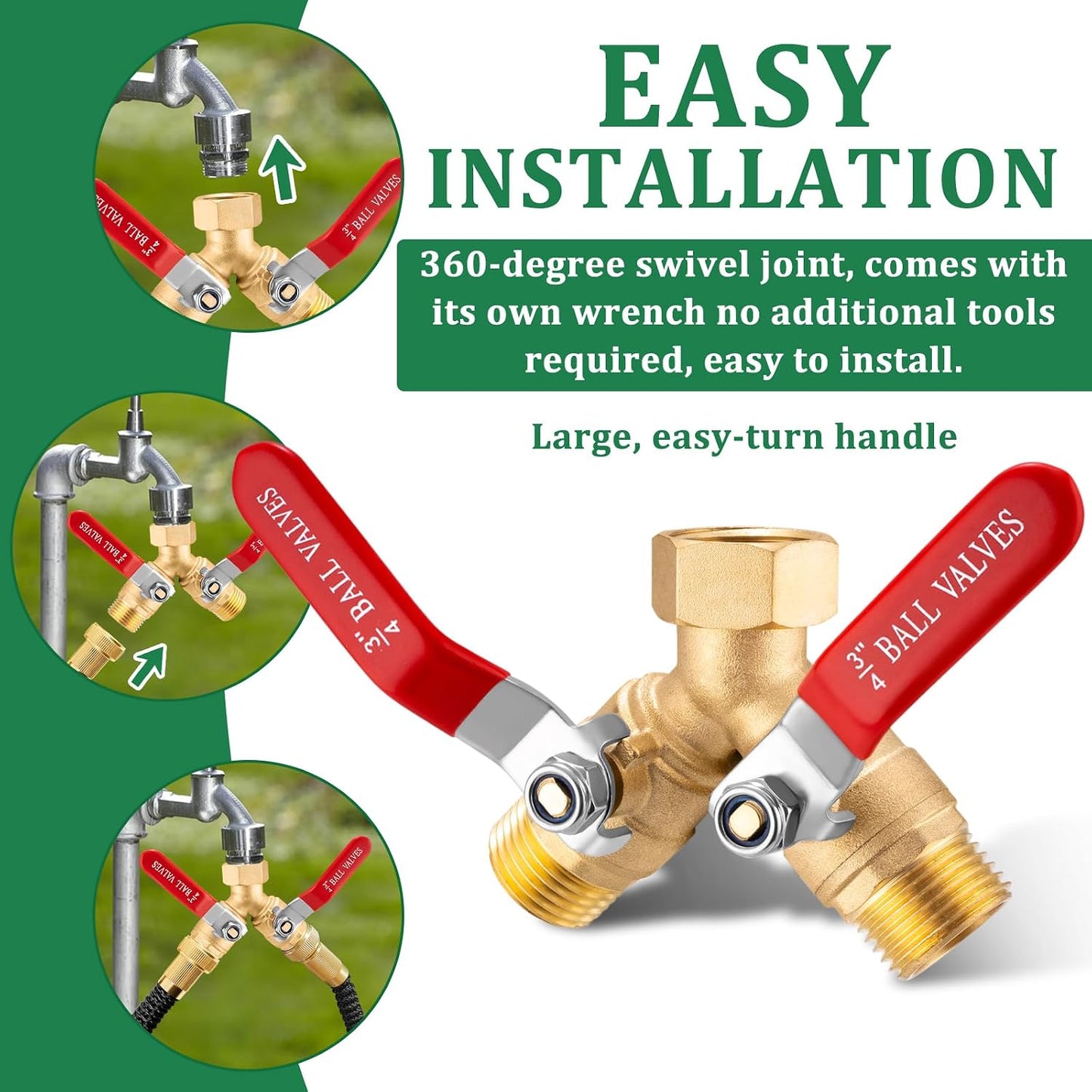 Garden Hose Splitter 2 way Heavy Duty, Brass Water Hose Splitter High Flow With Long Handle, 3/4 Inch Garden Hose Y Valve Garden Splitter, Full Flow Y Valve Hose Splitter With Wrench