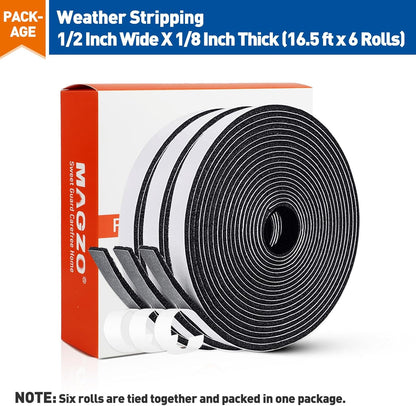 MAGZO Weather Stripping Door Seal, 1/2 Inch Wide X 1/8 Inch Thick Adhesive Foam Tape Soundproof Weatherstripping for Windows, 3 Rolls Total 50FT Black
