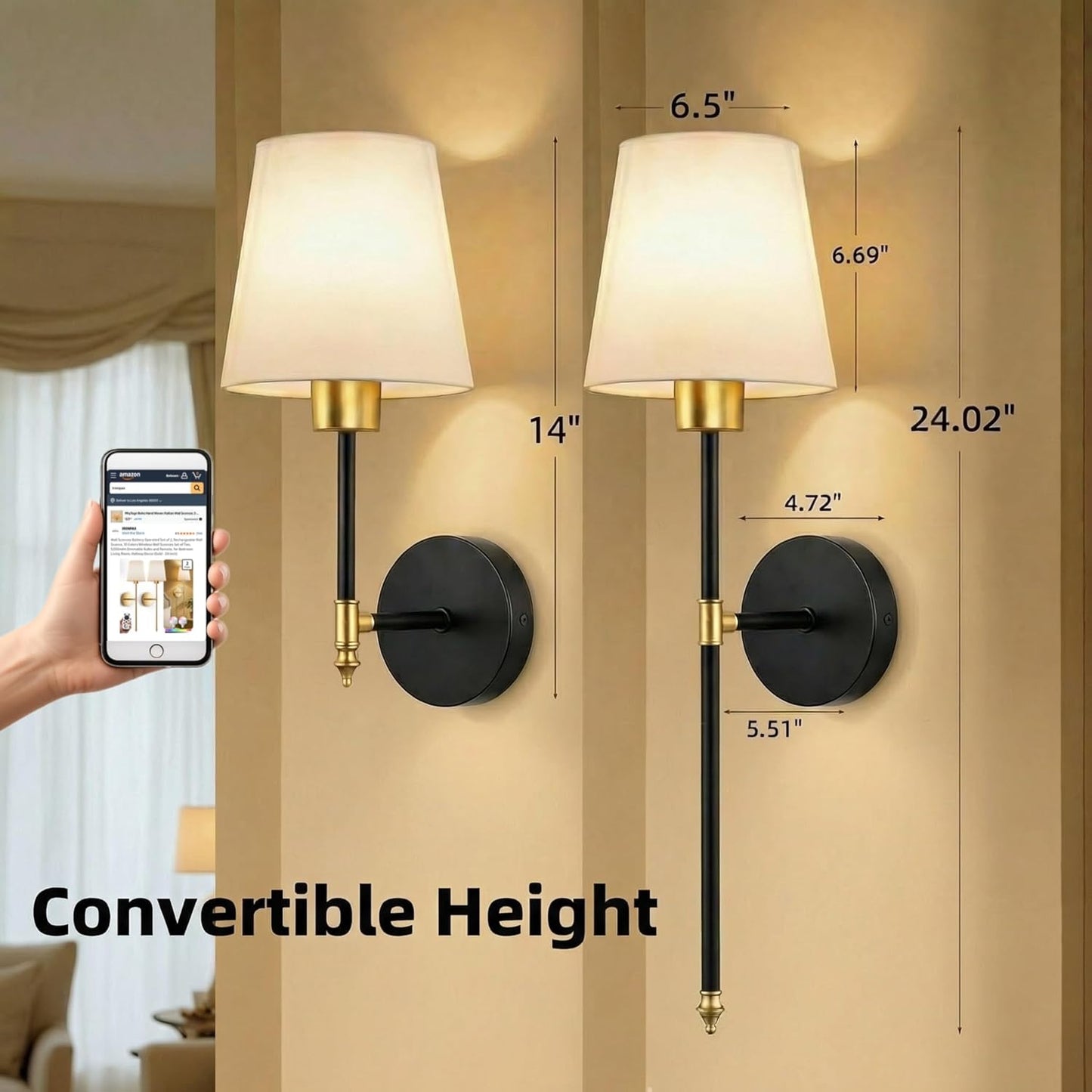 IRONPAX Wall Sconces Battery Operated Set of 2, Wireless Rechargeable Wall Sconce Set of Two, Dimmable Wall Lights with Remote for Bedroom Living Room Hallway Decor (Gold, Fabric Shade)
