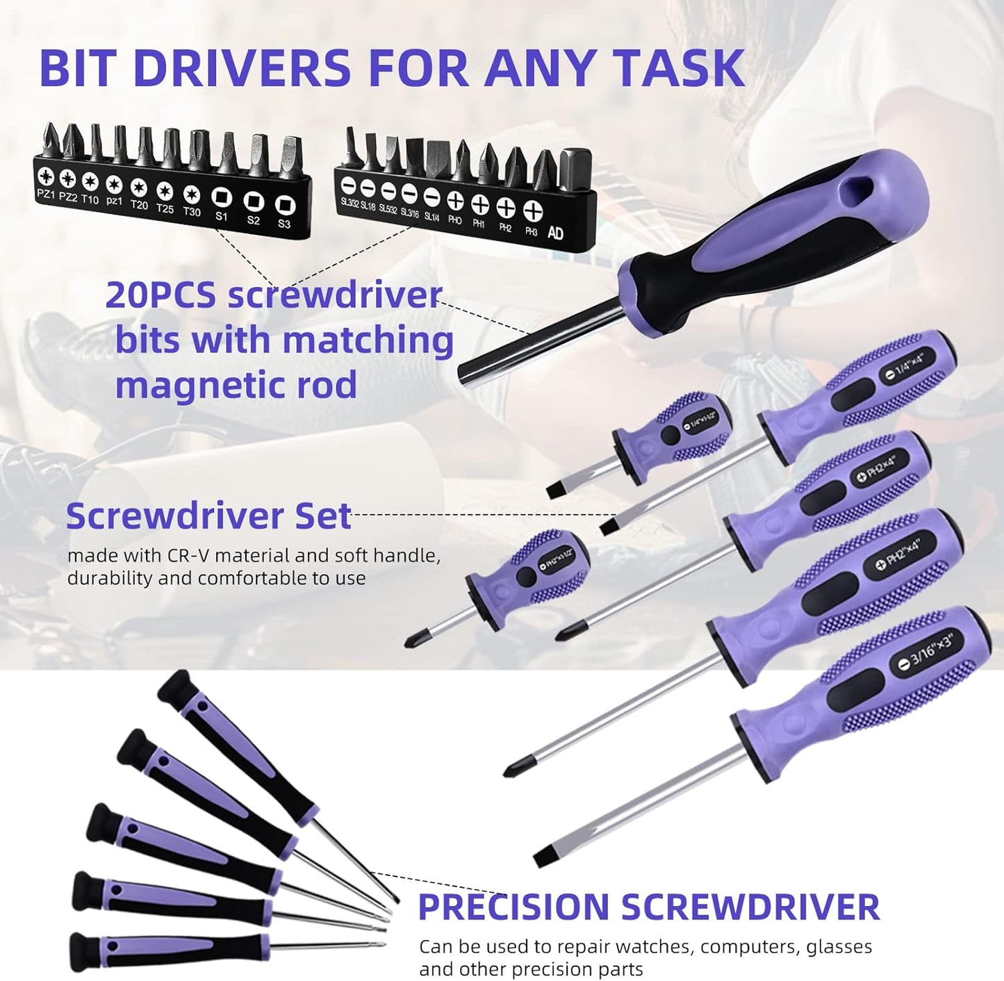 ACOSEA Purple Tool Set,223-Piece Tool Sets for Women,Tool Kit with 13-Inch Wide Mouth Open Purple Tool Bag,The Basic Tool Set is Perfect for Home Maintenance (PURPLE)