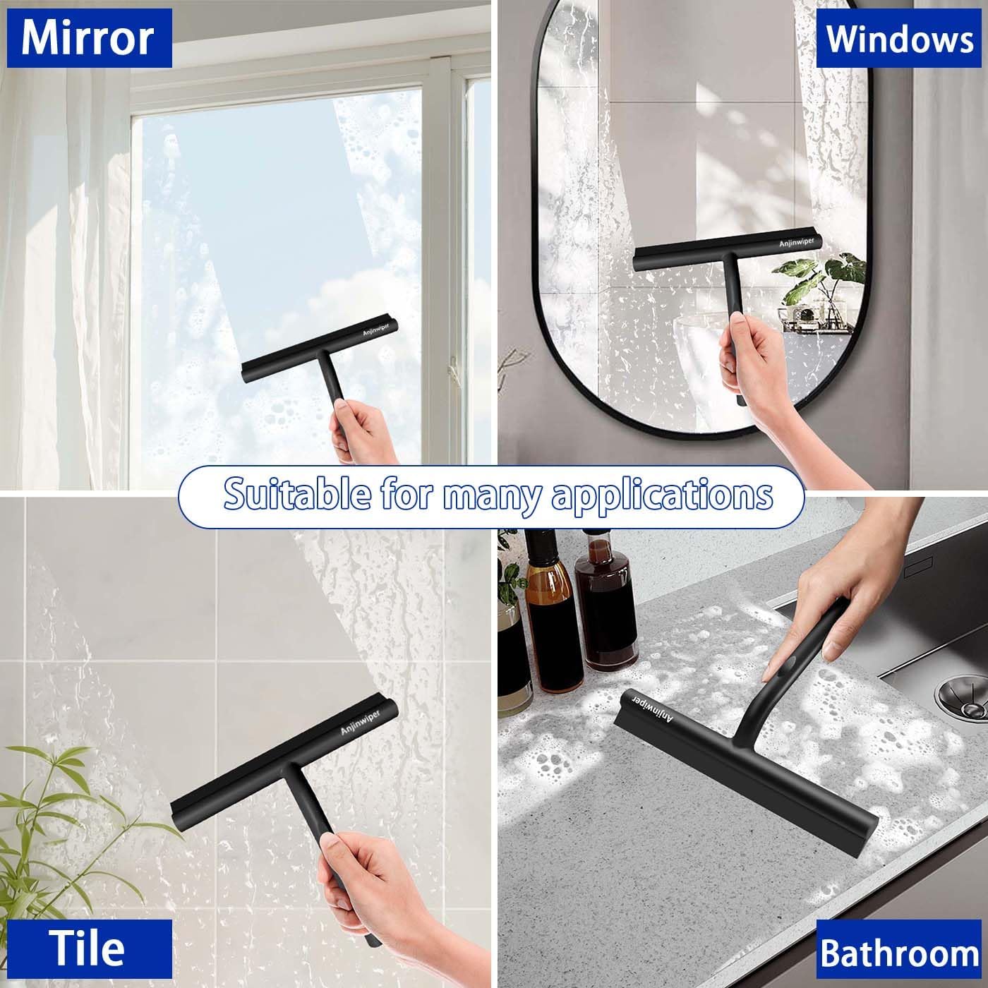 Silicone Shower Squeegee for Glass Doors with Hook, Window Squeegee for Shower Doors, Kitchen, Mirrors and Tiles, Glass Squeegee Bathroom Shower(10 inch, Gray)