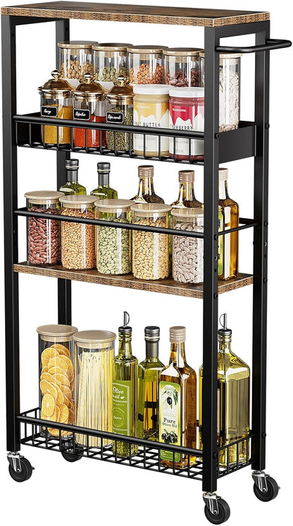 Slim Storage Rolling Cart, 4 Tier Narrow Cart with Wheels, Metal Kitchen Rolling Cart for Small Spaces, Slide Out Storage Shelves for Kitchen, Laundry Room, Bathroom, Living Room, 7.1in(W)