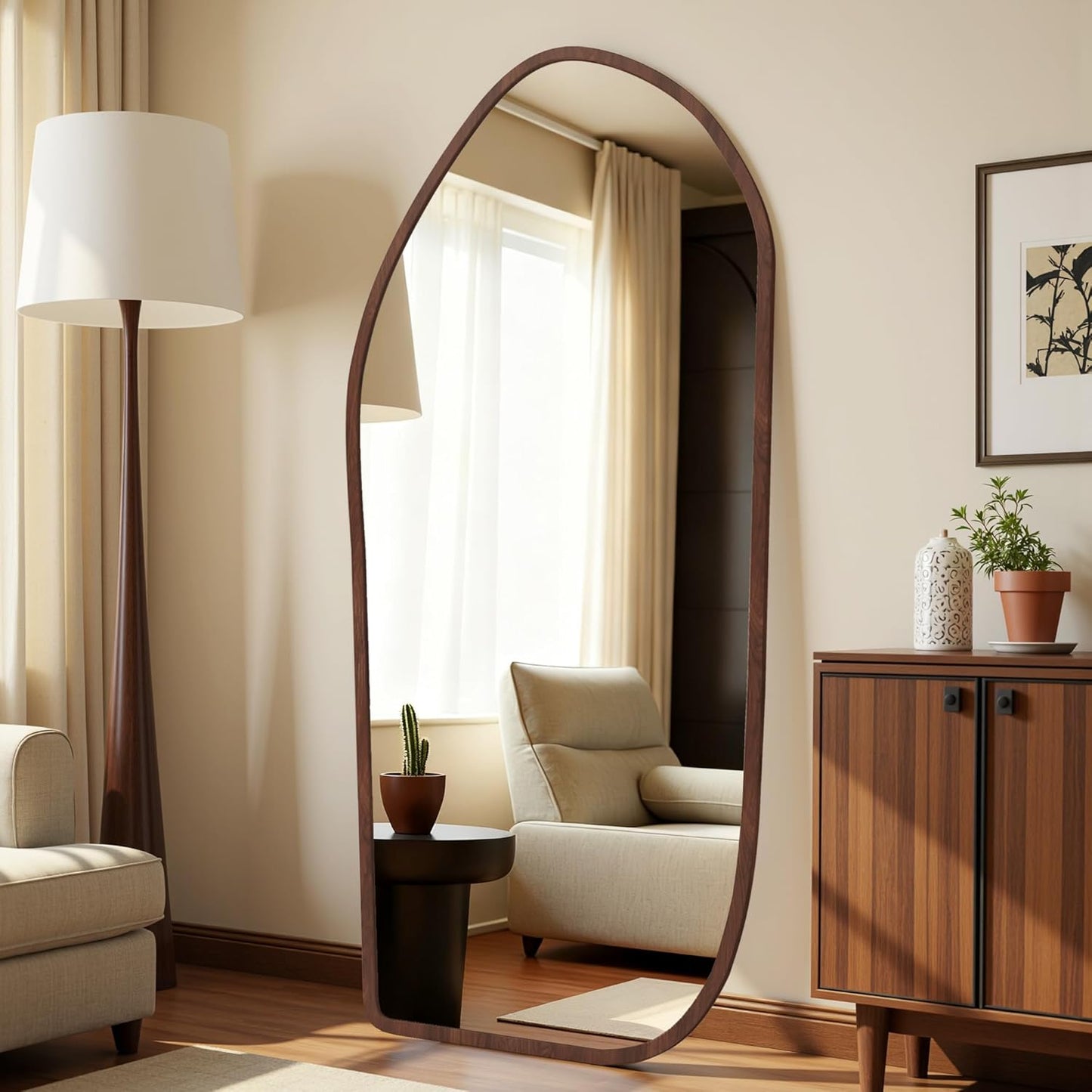 Suidia Full Length Mirror, Oversized Floor Mirror with Solid Wood Frame, Large Standing Mirror for Bedroom Living Room, Wood Art Style, Dark Walnut, 74" L x 32" W