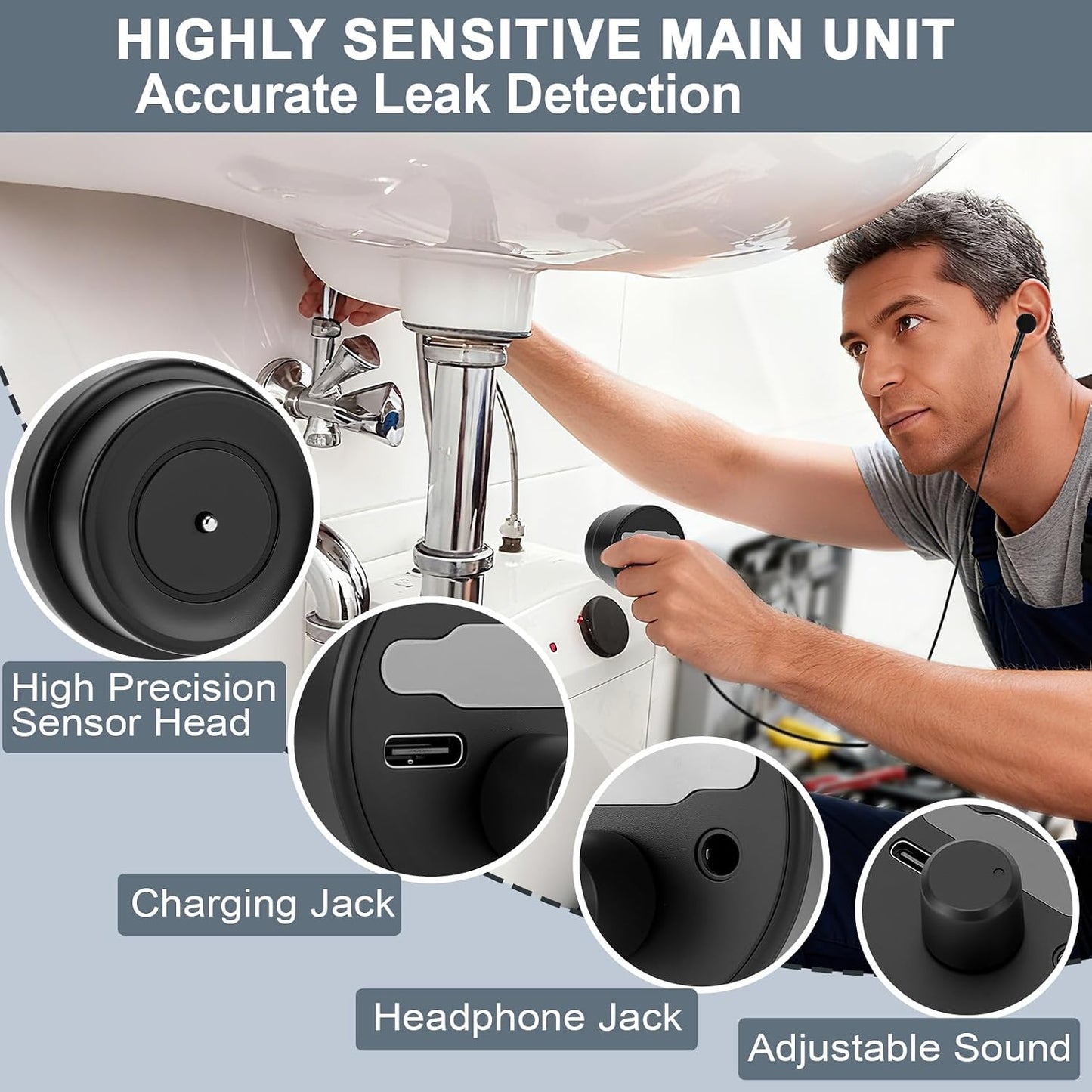 Water Leak Detector, Underground High Sensitivity Water Leak Detector with Headset, Water Leak Detection Device for Water Leakage Detection Construction Pipelines (with Large Earphone)