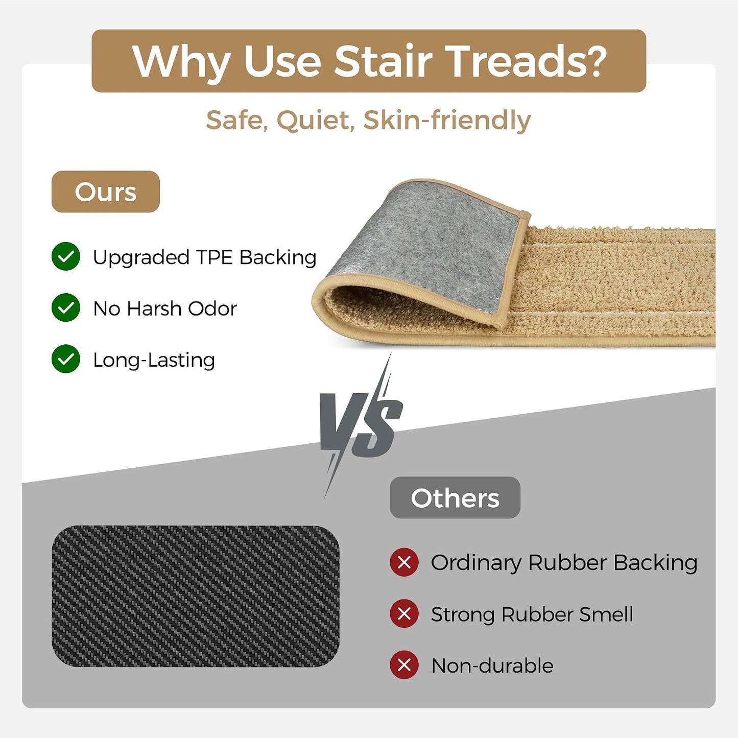 sarben Non Slip Stair Treads for Wooden Steps 15PCS - 8"x30" Indoor Safety Carpet, Edging Mats with TPE Adhesive Backing, Pet and Elderly Friendly Stair Rugs (Taupe) - Colors A