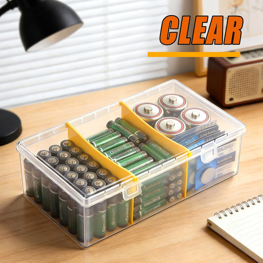 tutata Clear Plastic Battery Storage Organizer for AA, AAA, 9V, C Batteries, Storage Box Battery Holder Organizer for Common Types Batteries, Household Container (2 Dividers)