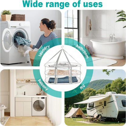 3-Tier Folding Mesh Clothes Drying Rack, Hanging Sweater Dryer for Laundry, Large Foldable Flat Dry Hanger, Portable Mesh Clothes Drying Net for Delicate Garments