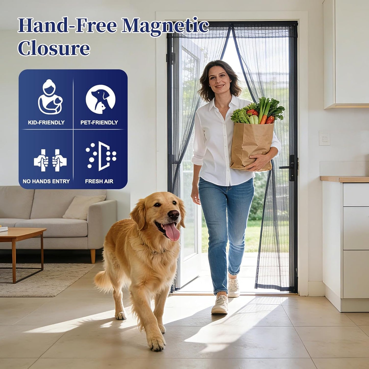 Magnetic Screen Door Mesh, Hand Free Door Screen Magnetic Closure Keep Bug Out Let Breeze in, Magnetic Door Screen Pet and Kid Friendly,Door Net Screen with Magnet Fit Door Size 37x 82 Inch
