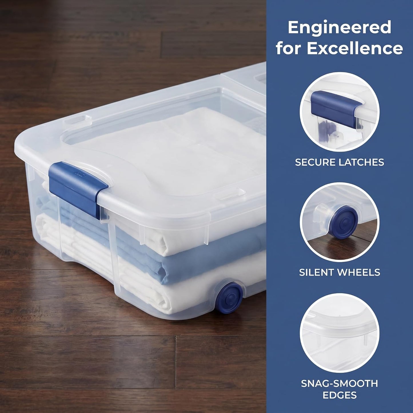 Under Bed Storage Bin 66 Quart, Clear Rolling Container with Wheels & Lid (1 Pack)