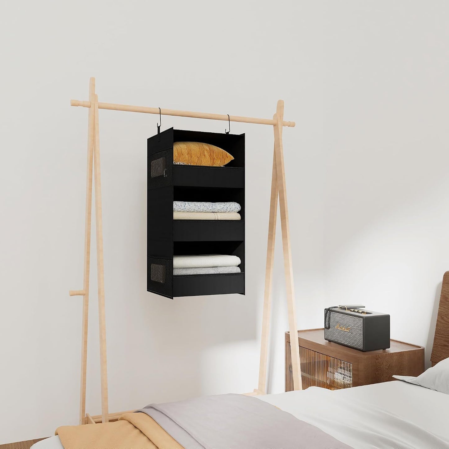 3-Shelf Hanging Closet Organizer, Washable Foldable Storage, Dark Gray | Front lip keeps items secure; side pockets add room; Oxford fabric handles towels, shirts, baby items, dorms, RVs or travel.