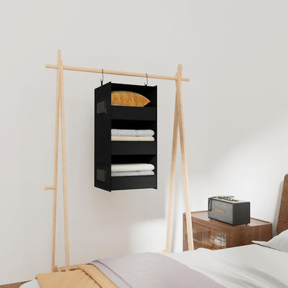 3-Shelf Hanging Closet Organizer, Washable Foldable Storage, Dark Gray | Front lip keeps items secure; side pockets add room; Oxford fabric handles towels, shirts, baby items, dorms, RVs or travel.