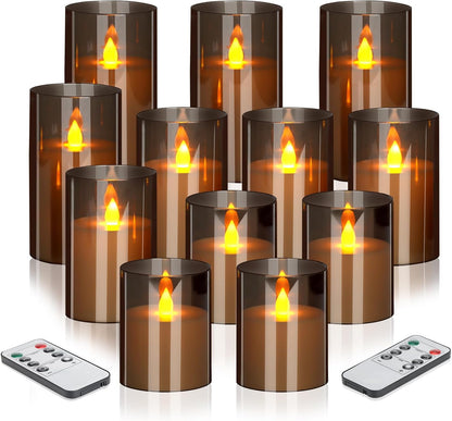 wemarry Flameless Candles 4" 5" 6" Acrylic Glass Pillars 3" Diameter Battery Operated Flickering Candles Include 8-Key Remote with Timer Function 400+ Hours (Amber, Warm Light 3 Pack)