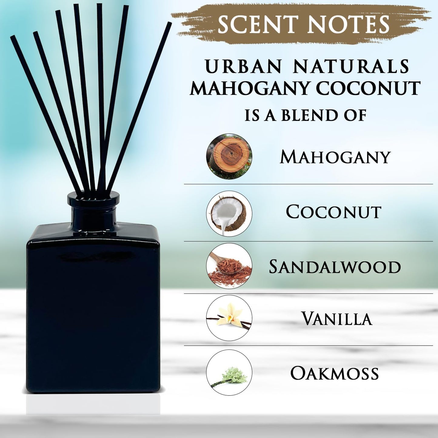 Urban Naturals Smoked Vanilla Reed Diffuser Set with Vanilla Bean, Sandalwood & Leather – 5 Ounce Sleek Black Rectangular Refillable Glass Bottle – Made in the USA