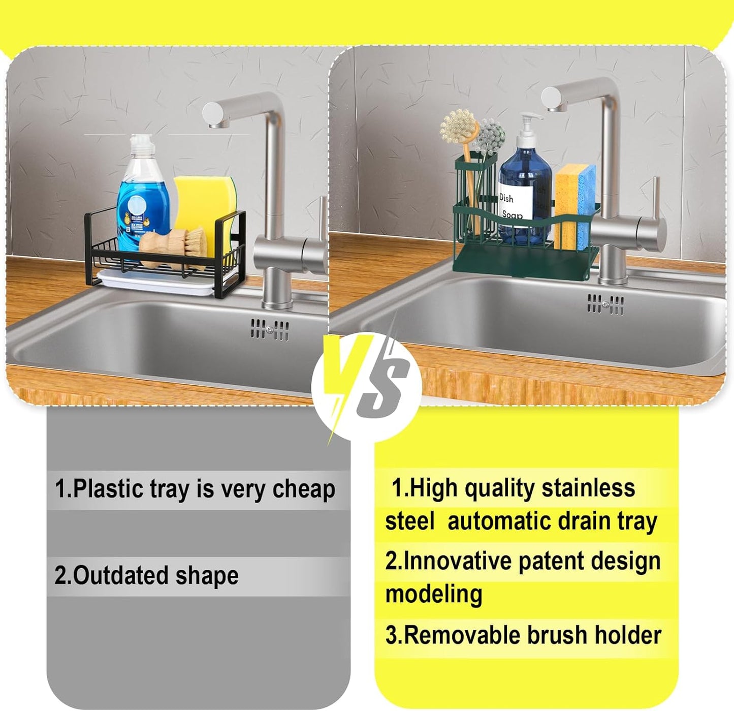 Maifan Sink Caddy Sponge Holder for Kitchen with Brush Holder and Stainless Steel Self Drain Tray, Rustproof Kitchen Sink Organizer for Sponge, Soap Dispenser Storage Accessories (Lacquer Silver)