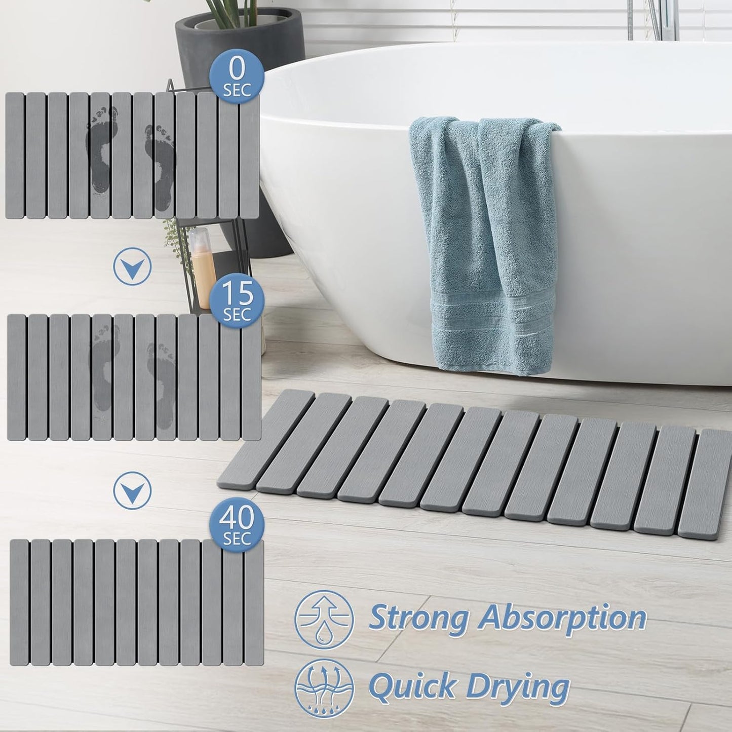 AWW Foldable Stone Bath Mat, Quick Dry Diatomaceous Earth Bath Mat with Non-Slip Mat, Super Absorbent, Easy to Clean, Compact for Small Bathrooms, 23.6 x 15.5, Grey