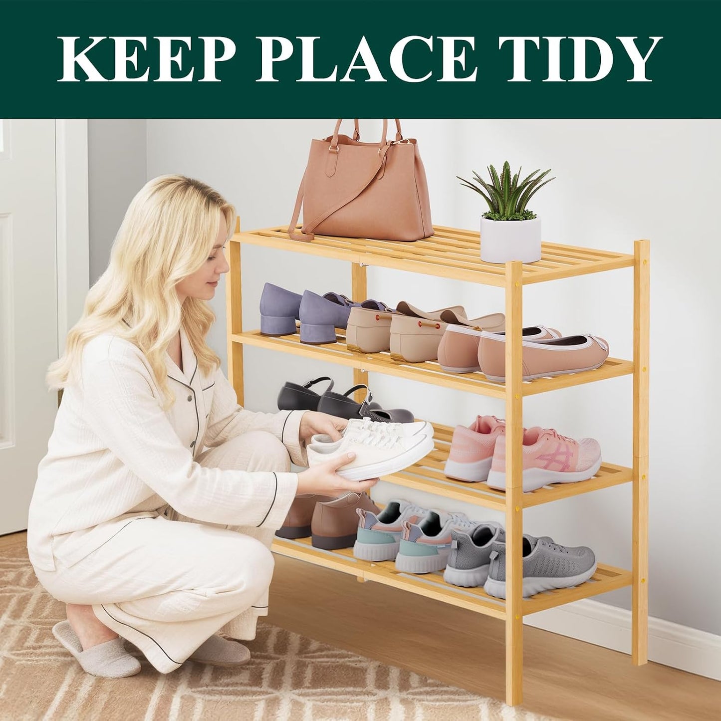 Smiry Bamboo Shoe Rack, 3 Tier Free Standing Wooden Shoe Organizer, Stackable Wood Shoe Storage Shelf for Closet, Entryway, 5 Horizontal Slats, 26.8"x11"x18.3", Natural