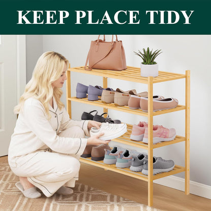 Smiry Bamboo Shoe Rack, 3 Tier Free Standing Wooden Shoe Organizer, Stackable Wood Shoe Storage Shelf for Closet, Entryway, 5 Horizontal Slats, 26.8"x11"x18.3", Natural