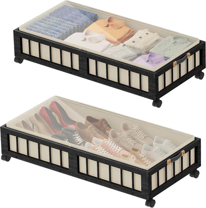 efluky 2-Pack Bamboo Under Bed Storage with Wheels, Rolling UnderBed Storage Basket with Large Dust Bag, Under Bed Storage Containers for Bedroom, Dorm and Basement, Nature