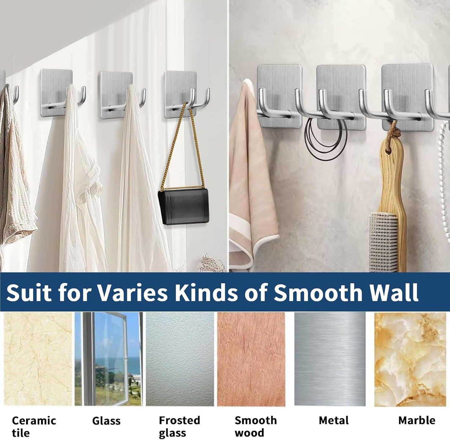 Hawsam 6 Pack Self Adhesive Wall Hooks for Hanging Heavy Duty 44LB(Max) Adhesive Towel Hooks 304 Stainless Steel Sticky Hooks for Robe Coat, Waterproof Shower Hooks for Bathroom Kitchen