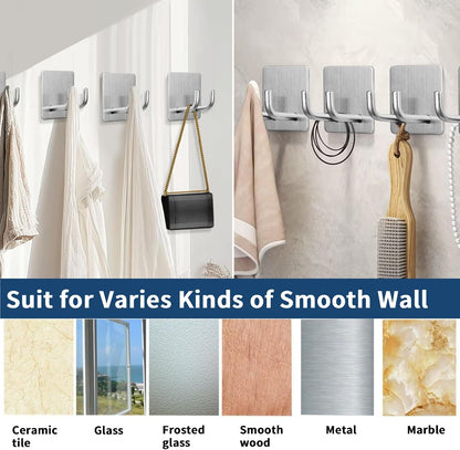 Hawsam 6 Pack Self Adhesive Wall Hooks for Hanging Heavy Duty 44LB(Max) Adhesive Towel Hooks 304 Stainless Steel Sticky Hooks for Robe Coat, Waterproof Shower Hooks for Bathroom Kitchen