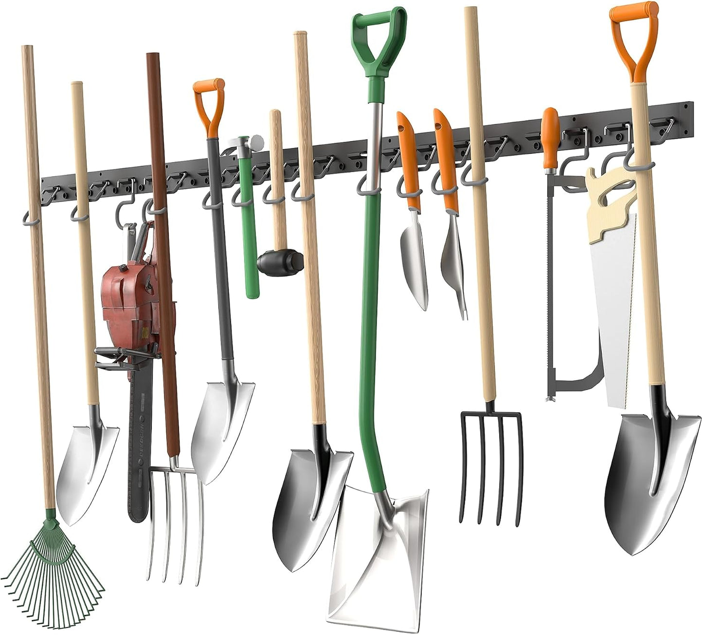 TORACK Plastic Wall Mounted Mop and Broom Holder, Garden Tools Organizer for Garage Wall, Yard Tool Storage Rack for Rakes, Shovels, Mops, Brooms (4 Tracks, 16 Hooks)