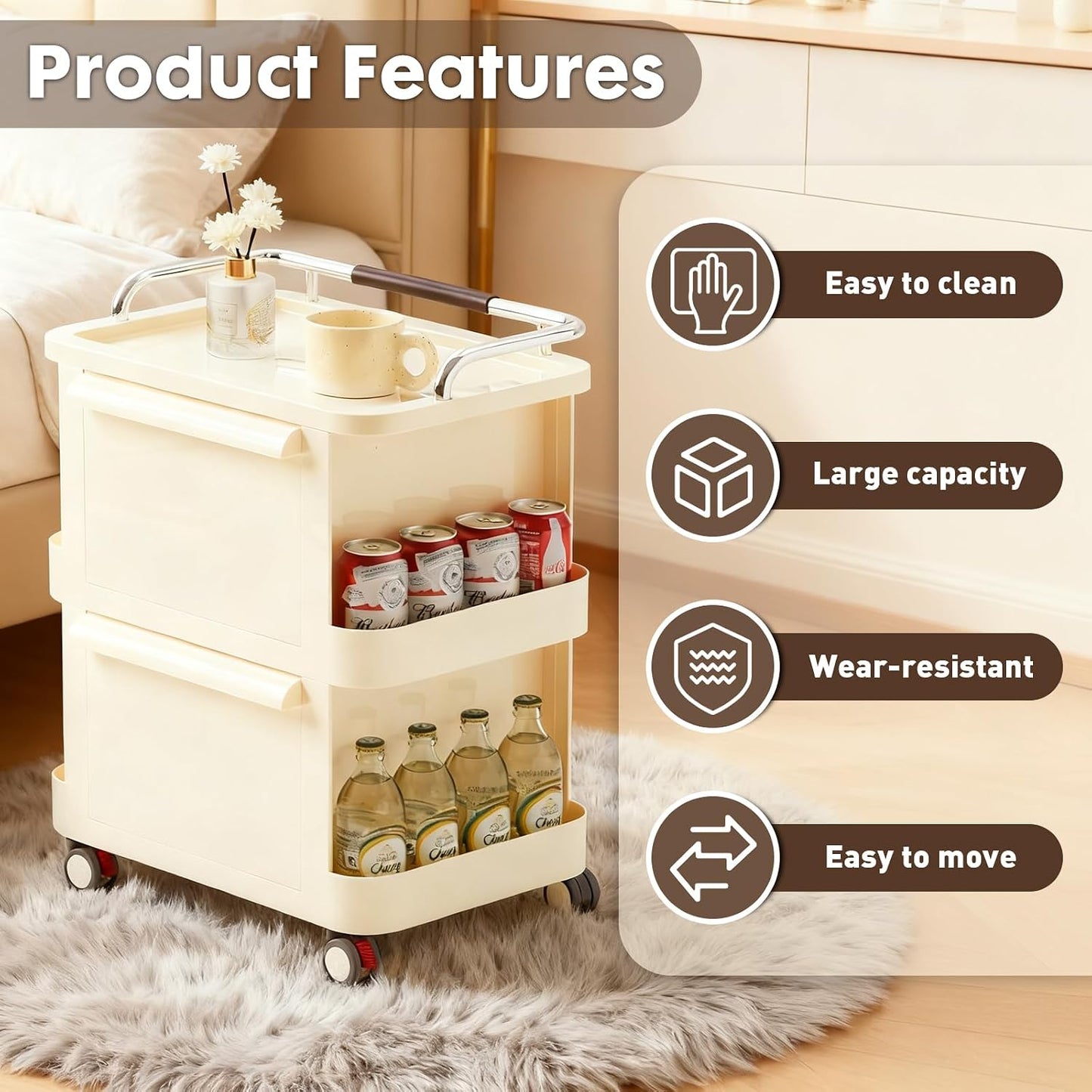 2 Tier Rolling Cart with Drawers - Multi-Functional Storage Slim Rolling Cart with 2 Drawers - Storage Cabinet for Bedroom, Living Room & Kitchen, Ideal for Snacks, Toys & Daily Essentials