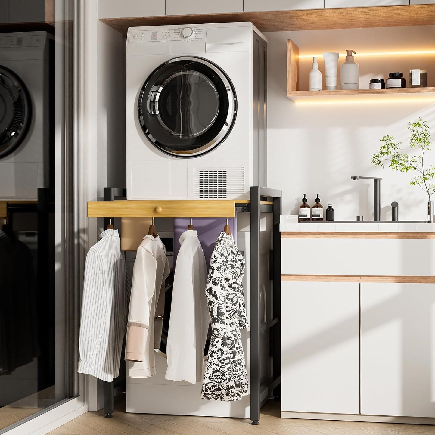 Tumble Washer Dryer Stacking Kit with Countertop - Height Adjustable Over Washer Dryer Shelves with Sliding Raill Hanger,Metal Frame Washing Machine Storage Rack for Home Bathroom Commercial (White)