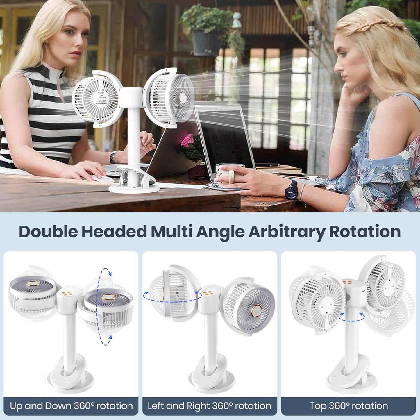 Clip on Fan Dual Head Rechargeable,Portable Desk Fan with LED Lights,Wall Mounted Ultra Silent 360° Rotatable Removable for Car, Table,Bedroom,Office,Camping,Stroller,Treadmill,Travel Outdoor