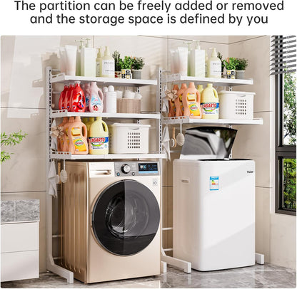 Carbon Steel Over Washer and Dryer Shelf, 2 Tier Bulkhead Laundry Room Storage and Organization Riser, Above Toilet Rack, (14.17“-25.59”) W*15.75 “D*63.39 ”H, White