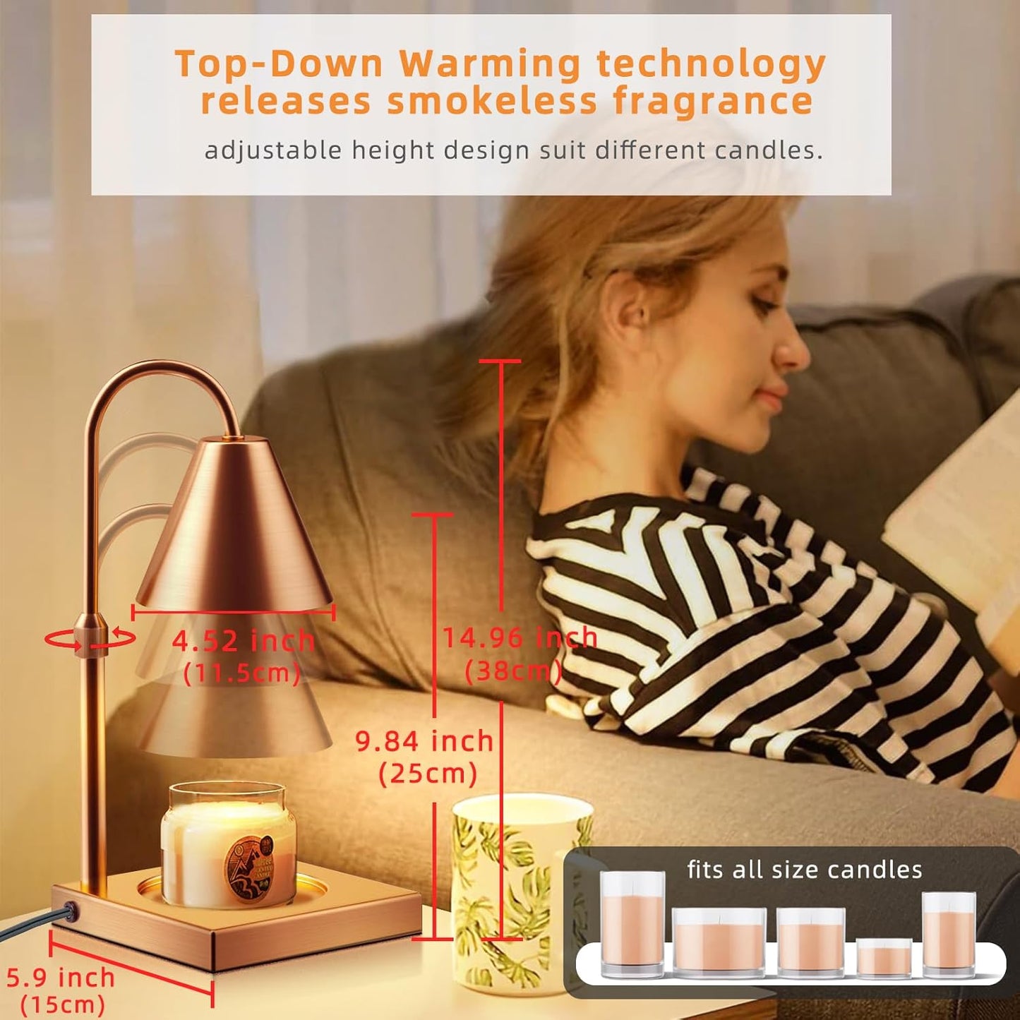 LALISU Candle Warmer Lamp, Stepless Dimming Candle Warmer Lamp with Timer & Dimmer Height Adjustable Compatible with Jars Scented Wax for Home Decor (Metal Base-Black)