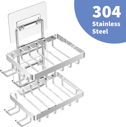 Moforoco Double Soap Bar Holder for Shower, No Drilling, 304 Stainless Steel, Wall Mounted Soap Holder with 4 Hooks and Razor Holder, Shower Rack Soap Tray Bar Soap for Bathroom Accessories Organizer