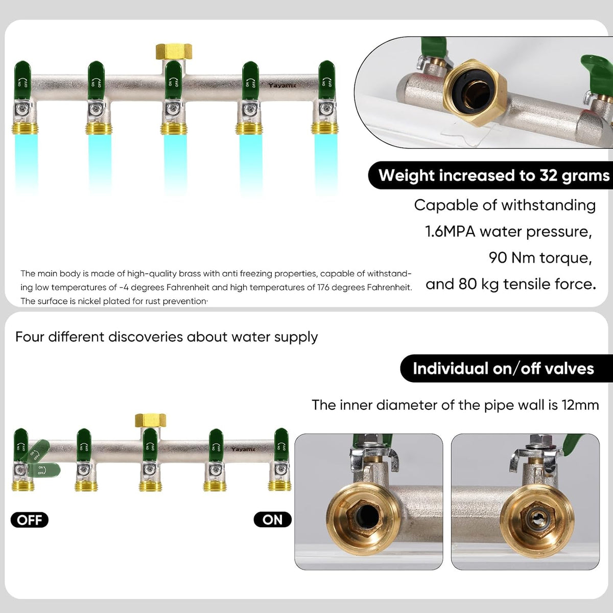 Garden Hose Splitter, 3/4” Rust and Freeze Resistant Outdoor Hose Manifold with 2 green Extra Long Handles Faucet Adapter-Heavy Duty Brass Nickel Plated 2-Way Valve