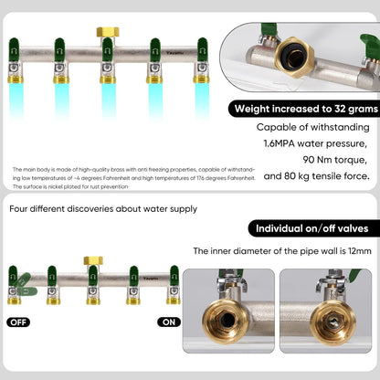 Garden Hose Splitter, 3/4” Rust and Freeze Resistant Outdoor Hose Manifold with 2 green Extra Long Handles Faucet Adapter-Heavy Duty Brass Nickel Plated 2-Way Valve