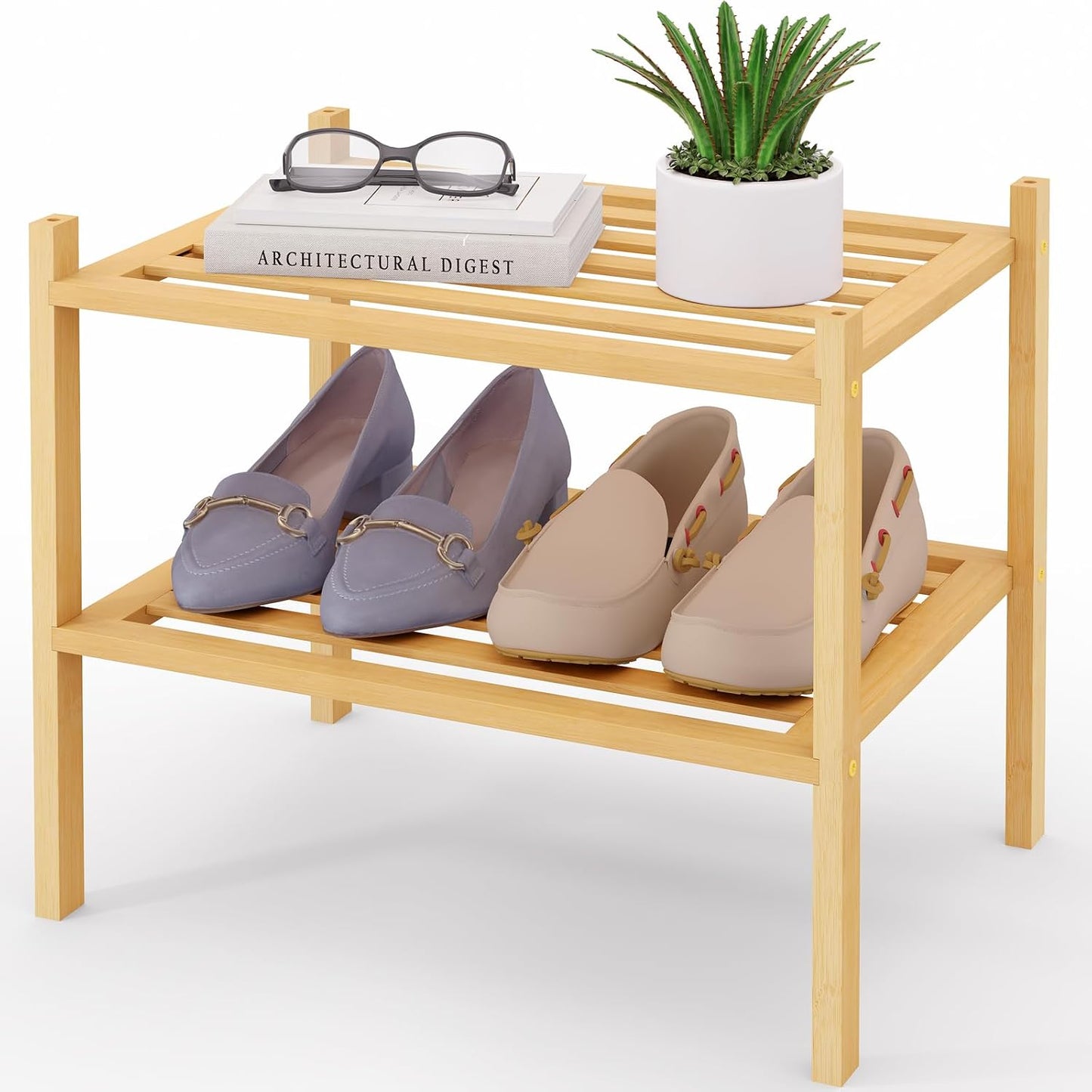 Smiry Bamboo Shoe Rack, 3 Tier Free Standing Wooden Shoe Organizer, Stackable Wood Shoe Storage Shelf for Closet, Entryway, 5 Horizontal Slats, 26.8"x11"x18.3", Natural