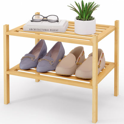 Smiry Bamboo Shoe Rack, 3 Tier Free Standing Wooden Shoe Organizer, Stackable Wood Shoe Storage Shelf for Closet, Entryway, 5 Horizontal Slats, 26.8"x11"x18.3", Natural