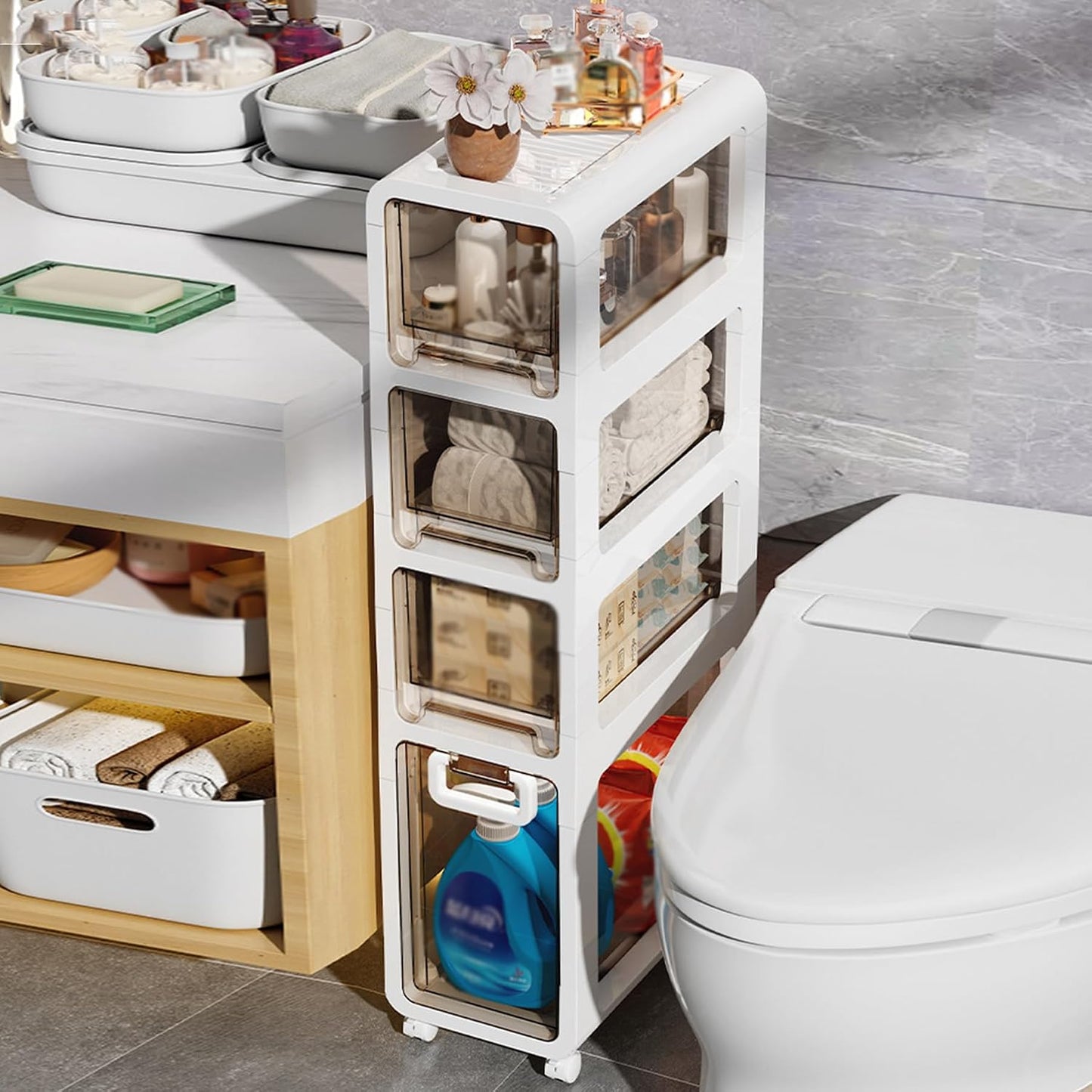 5-Tier Slim Bathroom Storage Cabinet,Narrow Floor Cabinets with Drawers and Wheels,Rolling Narrow Organizer for Small Spaces,Kitchen,Laundry,7.9”W