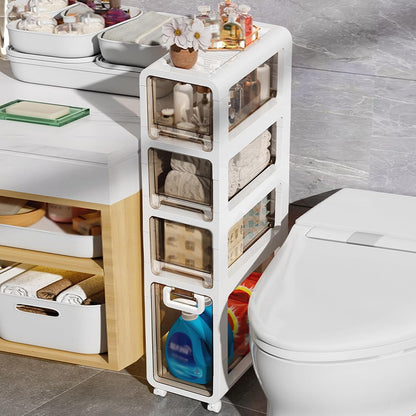 5-Tier Slim Bathroom Storage Cabinet,Narrow Floor Cabinets with Drawers and Wheels,Rolling Narrow Organizer for Small Spaces,Kitchen,Laundry,7.9”W