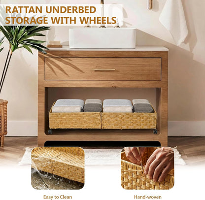 Under Bed Storage Containers with Wheels, 31.5” Large Handwoven Rattan Rolling UnderBed Storage Bins, Tool-free Assembly Natural Under The Bed Organizer Drawers for Bedroom, Sheets Clothes Blankets