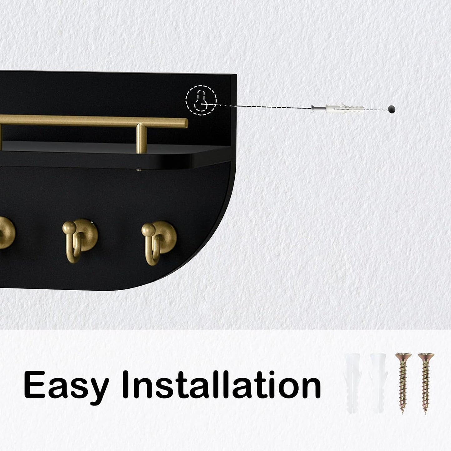 Key Holder for Wall, Decorative Key and Mail Organizer with 6 Sturdy Metal Hooks and Floating Shelf, 14 Inches Wood Wall Mounted Key Rack for Entryway, White and Gold