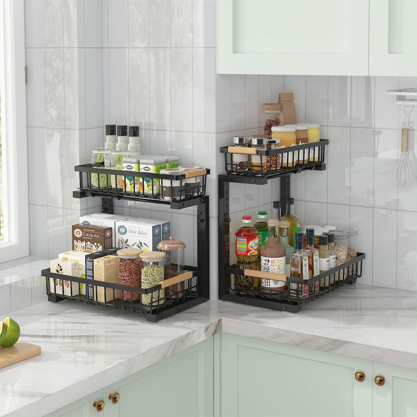 ADRIMER Under Sink Organizer 2 Packs, Pull Out Kitchen Sink Organizer, 2 Tier Slide Out Kitchen Organizers and Storage Bathroom Under Cabinet Storage Shelf, Transparent & White
