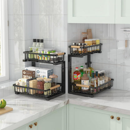 ADRIMER Under Sink Organizer 2 Packs, Pull Out Kitchen Sink Organizer, 2 Tier Slide Out Kitchen Organizers and Storage Bathroom Under Cabinet Storage Shelf, Transparent & White