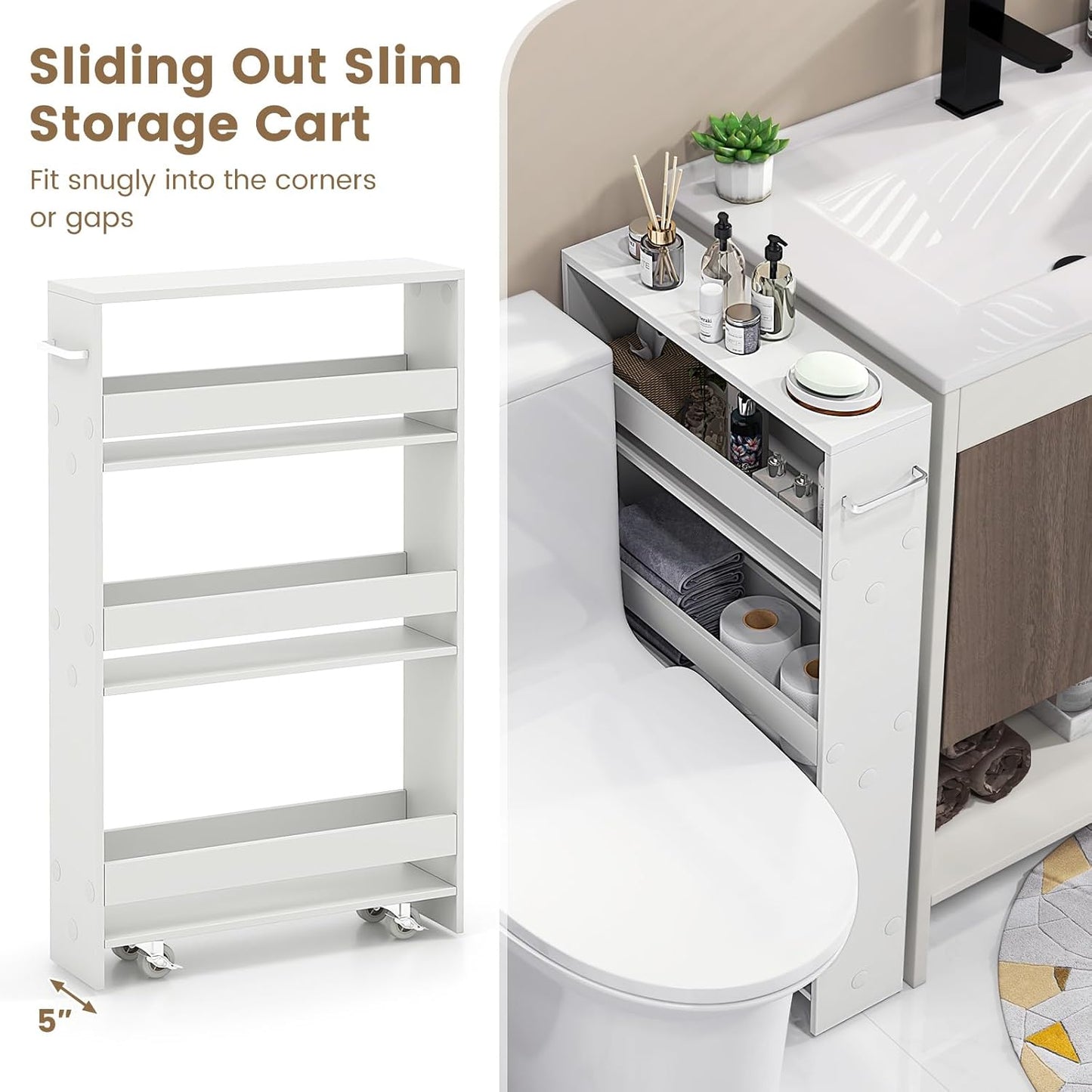 COSTWAY Slim Rolling Storage Cart, 4-Tier Rolling Utility Cart, Wood Kitchen Storage Cart with Handle & Wheels, Narrow Rolling Shelving Unit for Kitchen Bathroom Laundry Small Places (Plain White)