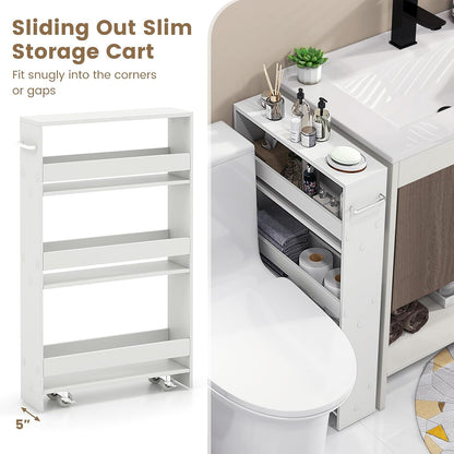 COSTWAY Slim Rolling Storage Cart, 4-Tier Rolling Utility Cart, Wood Kitchen Storage Cart with Handle & Wheels, Narrow Rolling Shelving Unit for Kitchen Bathroom Laundry Small Places (Plain White)